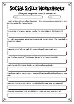 the social skills worksheet for students to learn how to use social skills in their classroom