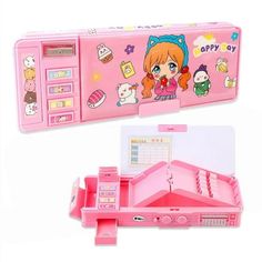 a pink toy with hello kitty on it's side and its contents in the case