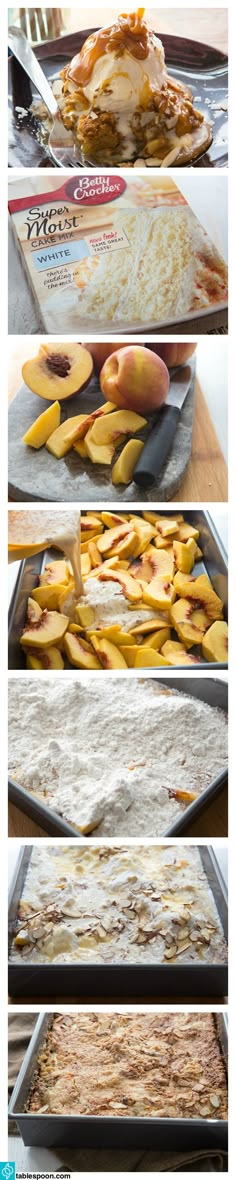 four different views of food being prepared in pans