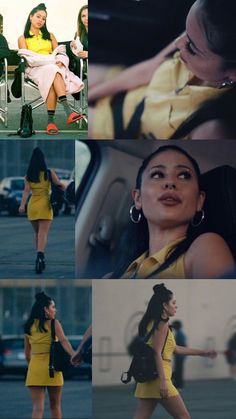 a collage of photos showing the same woman in yellow dress and high heeled boots