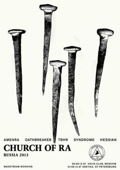 an advertisement for the church of ra, with four knives in different sizes and shapes