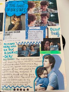 a scrapbook with many pictures and words on it's cover that says, the fault in our stars