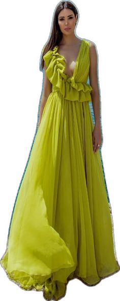 V-neck Ruffled Maxi Dress For Gala, Summer Floor-length Gown With Ruffles, Party V-neck Maxi Dress With Ruffled Skirt, Green V-neck Gown For Summer, V-neck Ruffled Maxi Dress For Prom, V-neck Ruffled Gown For Prom, Party Dress With Pleated Bodice And Ruffled Straps, Chic Chiffon Gown With Ruffles, Chiffon Prom Dress With Ruffled Skirt