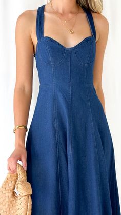 Embrace elegance in our Chic Denim Sweetheart Midi Dress. Perfect fit with an elastic back, zip detail, and adjustable straps. Denim Long Dress, Dress Without Sleeves, Navy Blue Party Dress, Sweetheart Midi Dress, Navy Blue Party, Denim Midi Dress, Blue Party Dress, Semi Formal Dress, Denim Chic