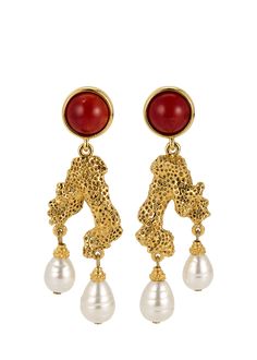 Find BEN-AMUN Coral Post Earrings With Pearly Drops on Editorialist. BenAmun earrings 24karat gold electroplating Coralcolored cabochon bezels Pearshaped manmade pearly drops Refrain from swimming and showering with your jewelry For pierced ears Made in USA Gold Brass Earrings With Cabochon Detail, Gold Brass Cabochon Earrings, Gold Cabochon Brass Earrings, Gold Cabochon Drop Earrings, Gold Cabochon Dangle Earrings, Gold Dangle Earrings With Cabochon, Coral Earrings, Coral Color, Pierced Ears