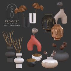 there are many vases and other objects in this set