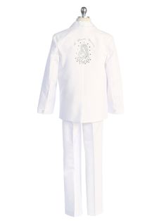 Fancy First Communion boys suit by Tip Top Kids. Popular style for Communion ceremony this suit comes in white with jacket and matching pants, bow tie, vest and shirt. Features Virgin Mary and MI PRIMERA COMUNION embroidery on the front and back of the jacket. Holiday White Fitted Sets, White Short Sleeve Set For First Communion, Elegant Fitted Suit For First Communion, Elegant Cream First Communion Sets, Fitted White Onesie For Baptism, White Cotton Baptism Sets, Communion Sets, Baptism Outfit, Boys Suits