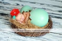 a baby is laying in a nest with two eggs on it's head and wearing a red flower