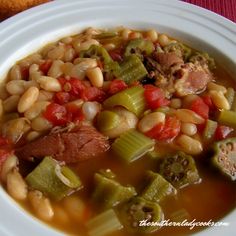 Lima Beans And Ham, Chicken Gumbo Soup, Pinto Bean Soup, Cooking Fresh Green Beans, Okra Stew, Chicken Gumbo, The Southern Lady Cooks, Southern Lady Cooks, Okra Recipes