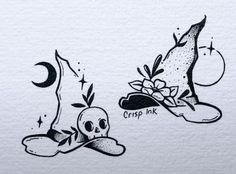 some ink drawings that are on paper and one has a skull, the other is a hat