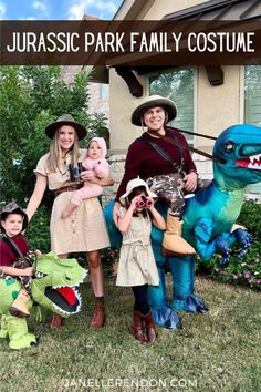 the family is dressed up as dinosaurs for their halloween costume party, with text overlaying