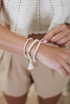 The most essential bracelet stack! We adore this bracelet stack styled with limitless looks to elevate any look! Set of three Ivory bracelet stack Tassel details Packaged with love and shipped from our warehouse in Wilmington, Ohio Fall Essentials, Bracelet Stack, Level Up, With Love, Ohio, Beaded Bracelets, Bracelet