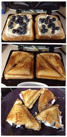 four different views of grilled cheese sandwiches with blueberries on top, and in the bottom