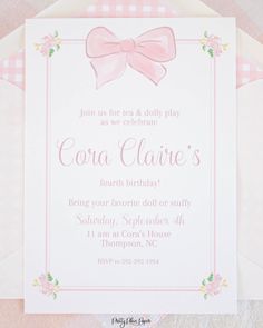 a pink and white birthday card with a bow on it