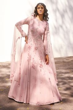 Pink chiffon anarkali with floral kamdani embroidery using thread, beads,  zardozi. Paired with a dupatta. - Aza Fashions Chiffon Anarkali, Dolly J, Chiffon Embroidery, Anarkali With Dupatta, Indian Engagement, Tuxedo Accessories, Luxury Pret, Summer Bride, Engagement Outfit