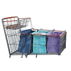 a shopping cart filled with different colored bags