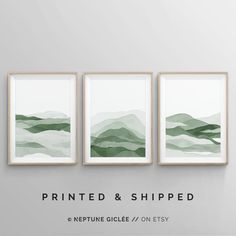 three framed art prints on a wall with the words,'neptunet prints / on etsy '