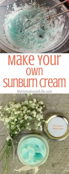 Sunburns HURT! Whip up some of this Natural Sunburn Cream and have it on hand! It's easy to make and very frugal. It doesn't fail me. #naturalremedy #sunburncream #diy #essentialoils #myhomebasedlife | Natural Living | Natural Remedies | Sunburn Cream Recipes | How To Make Sunburn Cream | Frugal Living Tips | Saving Money Hack via @myhomebasedlife Sunburn Cream, Natural Wart Remedies, Natural Remedies For Sunburn, Sunburn Remedies, Sunburn Relief, Tips Saving Money, Skin Natural Remedies, Natural Sunscreen, Skin Remedies