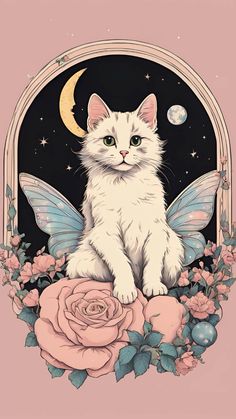 a white cat sitting on top of a pink flower next to a moon and stars