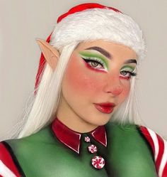 Cute Elf Makeup Looks Christmas, Elf Make Up Christmas, Easy Elf Makeup Christmas, Christmas Elf Makeup Looks Easy, Xmas Elf Makeup, Christmas Makeup Grinch, Ugly Christmas Sweater Makeup, Christmas Makeup Ideas Easy, Santa Elf Makeup