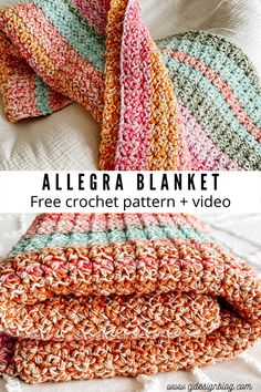 a crocheted blanket with text overlay that reads, allegra blanket free crochet pattern + video