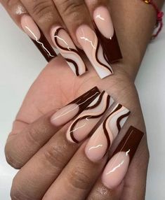 3d Crocodile Nails French Tip, Brown Nail Sets Acrylic, Brown Nails Art, Nails On Black Skin, Brown Acrylic Nails, Classic Nail, Brown Nail Polish, Brown Nail, Nail Looks