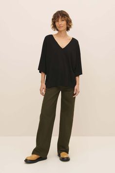 Kowtow Oversized V Neck Top - Black Relaxed Fit Cotton V-neck Top For Loungewear, Cotton Relaxed Fit V-neck Top For Loungewear, Casual Slouchy V-neck Tops, Chic Relaxed Fit V-neck Top, Oversized Viscose Casual Tops, Everyday Fall V-neck Blouse, Versatile V-neck Blouse For Loungewear, Fall V-neck Everyday Blouse, V-neck Blouse For Everyday Fall Wear