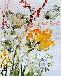 watercolor painting of flowers on white paper with orange and green accents, in the foreground