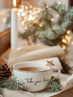 a cup of tea sitting on top of a table next to a book and pine cones