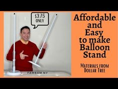 a man standing in front of an orange background with the words, affordable and easy to make balloon stand materials from dollar tree