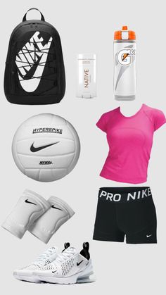 the contents of a women's sports outfit including a backpack, water bottle and shoes