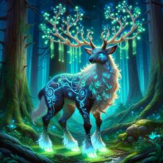 a painting of a deer standing in the middle of a forest with glowing lights on it's antlers