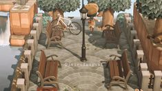 a painting of benches and a bicycle on a cobblestone walkway