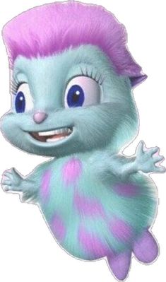 a cartoon character with pink hair and blue eyes, wearing an animal costume that looks like a