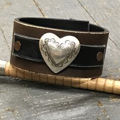 Brown Black Leather Silver Heart Belt Snap Bracelet Brown Concho Bracelets As Gift, Adjustable Brown Heart-shaped Bracelet, Brown Adjustable Heart Bracelet, Adjustable Heart Shaped Brown Bracelet, Adjustable Heart-shaped Brown Bracelet, Bracelet Snaps, Heart Belt, Western Bracelets, Leather Ideas