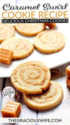 some cookies are stacked on top of each other with the words caramel swirl cookie recipe below