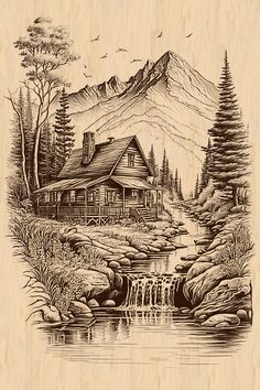 a drawing of a cabin in the woods with a stream running through it and mountains behind