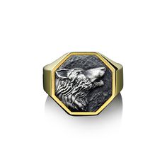 Handmade Howling Wolf Men's Ring, Silver Alpa Wolf Signet Men Ring, Gold Plated Wolf Ring, Sterling Silver Wedding Men Jewelry, Ring For Men This octoganal Howling Wolf ring is stylish and pretty ideal for everyday use. Engraving details of 925k handmade silver ring are very detailed and eye-catching. The ring is coated with oxide to emphasize the details of handmade engraving * ★Item Details *  Gender : Male / Female *  Material : 925K Sterling Silver *  Total weight : 10.50 Grams  -  ( For 11 Ring Size ) *  Ring Diameter : 0.67 inches  -  (1.70 Cm) * All our products are handmade and weights may vary  (-) 1,00 gram * We recommend using the oxidized version of it. Also, the photos are of the oxidized version of the ring * If you want to have Solid Gold, please don't hesitate to contact us Wolf Wedding Ring Men, Wolf Design Ring Jewelry For Gift, Wolf Signet Ring, Sterling Silver Wolf Design Jewelry Gift, Silver Stainless Steel Wolf Jewelry, Wolf Ring, Bee Ring, Signet Ring Men, Mens Silver Rings