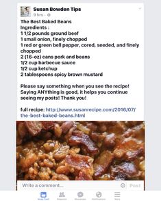 a facebook post showing the recipe for baked beans