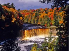 a waterfall surrounded by trees with fall foliage on the sides and water running down it