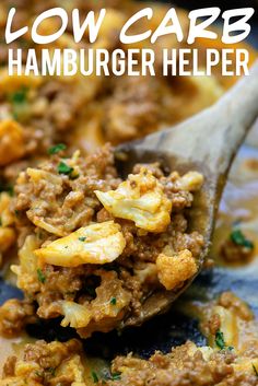 low carb hamburger helper on a spoon with text overlay that reads low carb hamburger helper