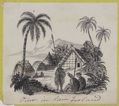 this is an old drawing of people in front of a hut with palm trees and mountains