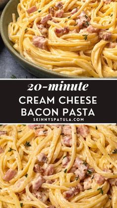 a plate full of cream cheese bacon pasta with the title overlay in the middle