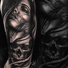 a couple of tattoos with skulls on their arms and legs, one has a woman's face in the middle