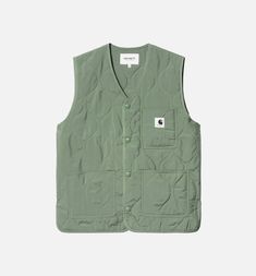 The Women's Skyler Vest is constructed from recycled polyester ripstop with an onion-quilted lining. The item has a collarless V-neck and a snap-buttoned closure. It is also detailed with three front pockets and a woven Square Label. Sonic Silver, Vest Womens, Fishing Outfits, Fleece Joggers, Carhartt Wip, Shop Mens Clothing, Square Quilt, Green Jacket, Green Fashion