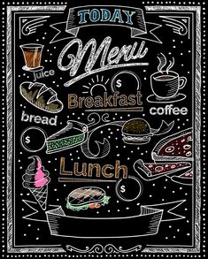 a chalk board with different types of food and drinks on it, as well as the words