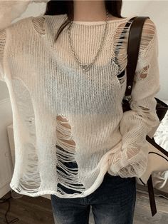 White Long Sleeve Distressed Knit Top – AnotherChill Casual Ripped Sweater For Winter, Casual Ripped Winter Sweater, Casual Ripped Sweater For Fall, Spring Grunge Sweater, Trendy Beige Sweater For The Beach, Trendy Beige Sweater For Vacation, Trendy Beige Beach Sweater, Casual Open Knit Top For Festival, Beach Night Outfit