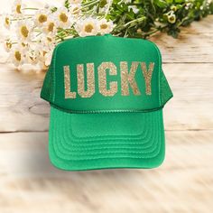 "Gear up for St. Patrick's Day with this fun green trucker hat with shimmering glitter gold!    *Note these are adjustable \"one size fits most\" trucker hats. Please reach out if you have any questions!" Gold Casual Trucker Hat, One Size Fits Most, Casual Gold Trucker Hat One Size Fits Most, Gold Casual Trucker Hat One Size, Casual Gold Trucker Hat One Size, Gold Casual Trucker Hat, Trendy Gold Baseball Cap One Size, Trendy Gold Baseball Cap, Green Baseball Cap As Gift, Green Novelty Hat As A Gift