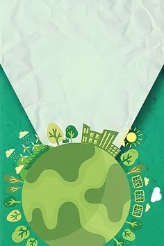 a green earth with trees and buildings on it, against a white paper background that says save the planet