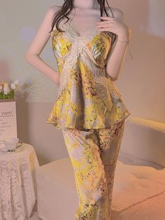 Pretty pajamas, Sleepwear women pajamas, Pajamas aesthetic, #Sleepwear #Pajamasaesthetic #pajamas #lacepajamas Spring Satin Night Sets, Summer Lace Sleep Sets, Summer Satin V-neck Sets, Spring Lace Loungewear Sets, Lace Sets For Loungewear In Spring, Lace Sets For Spring Loungewear, Sleeveless Night Sets For Spring, Spring Sleeveless Night Sets, Summer Night Lace Trim Sets